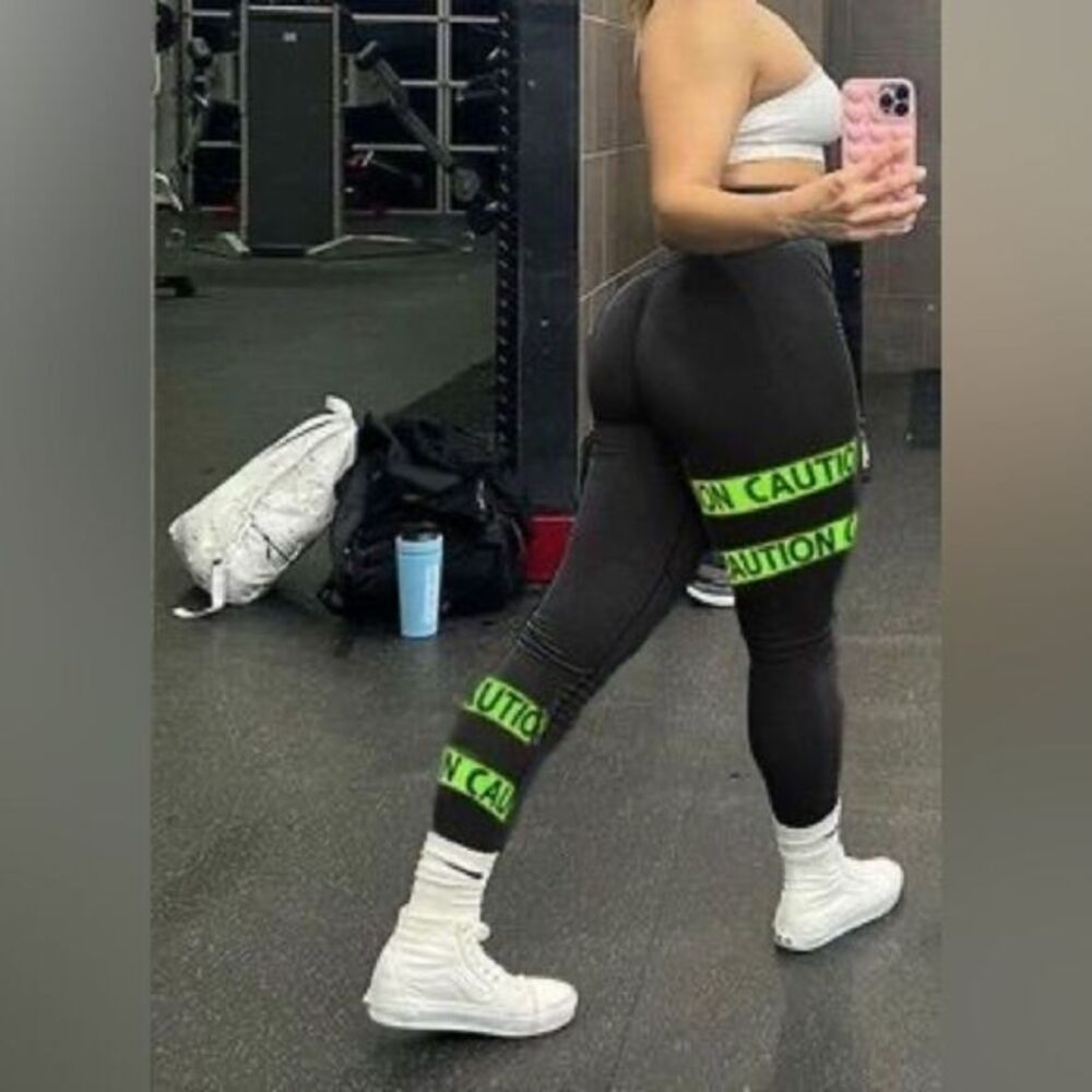 Letter Crisscross Tape Waist Black & Neon High-Waist Leggings Size M